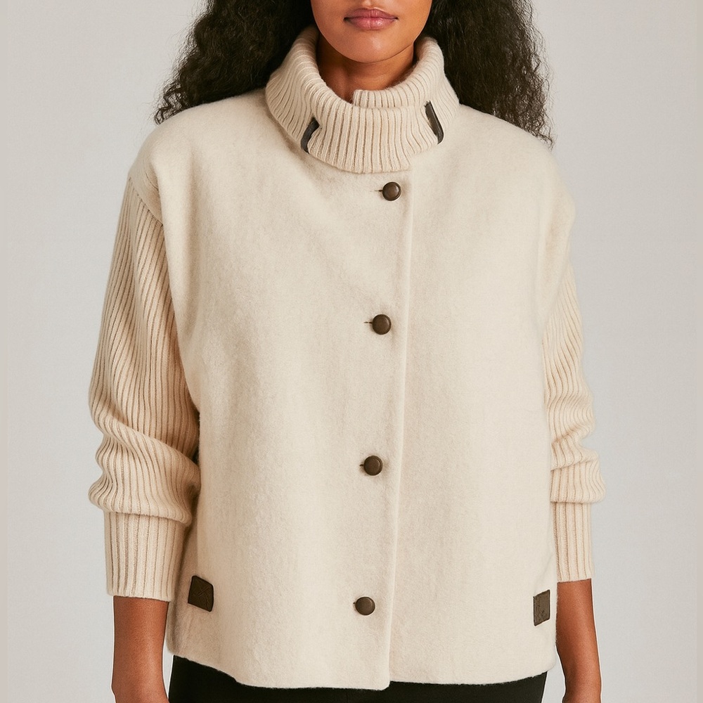 Alafoss Of Iceland Cream Wool Jacket with Brown Buckle Size S Oversized Winter